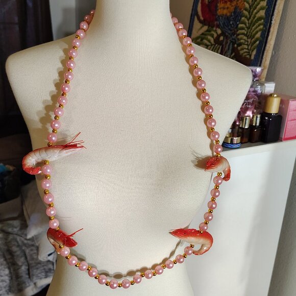 Crawfish Mardi Gras Beads Faux Pink Pearl Shrimp Nautical Necklace - Picture 5 of 7
